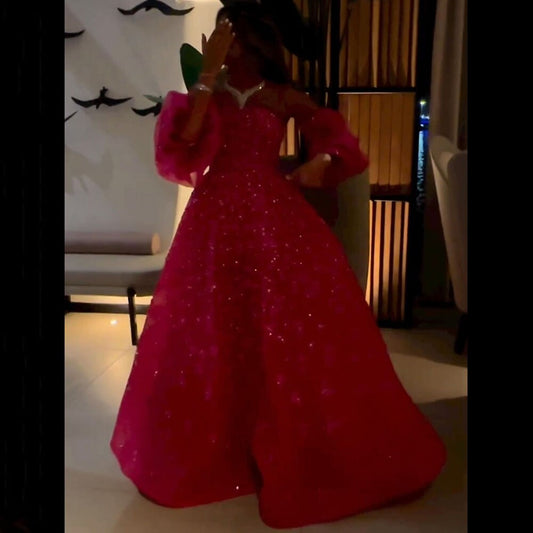 Elegante vestido de noche fucsia sin tirantes, corte A, mangas abullonadas brillantes y cuentas de cristal para mujer, fiesta LA72127 