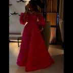 Fuchsia Elegant Strapless A Line  Sparkly Puff Sleeves Crystal Beaded Evening Dresses Gowns For Women Party LA72127