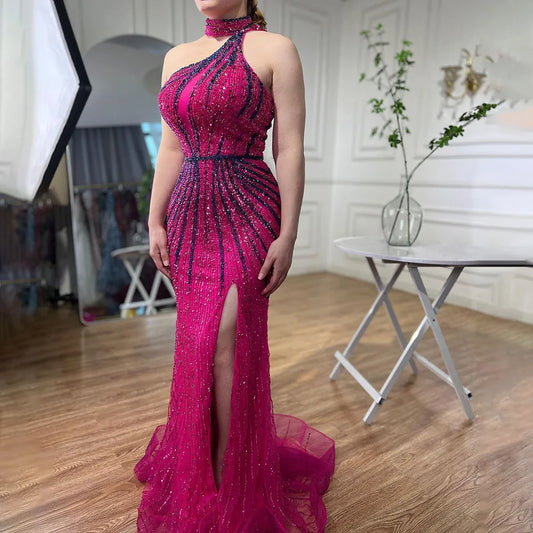 Fuchsia Neckholder Ärmelloses Perlenbesetztes Meerjungfrau Abendkleid mit hohem Schlitz LA72092