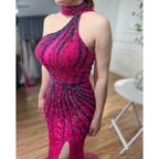 Fuchsia Halter Sleeveless Beaded Mermaid High Split Evening Dress Gown LA72092