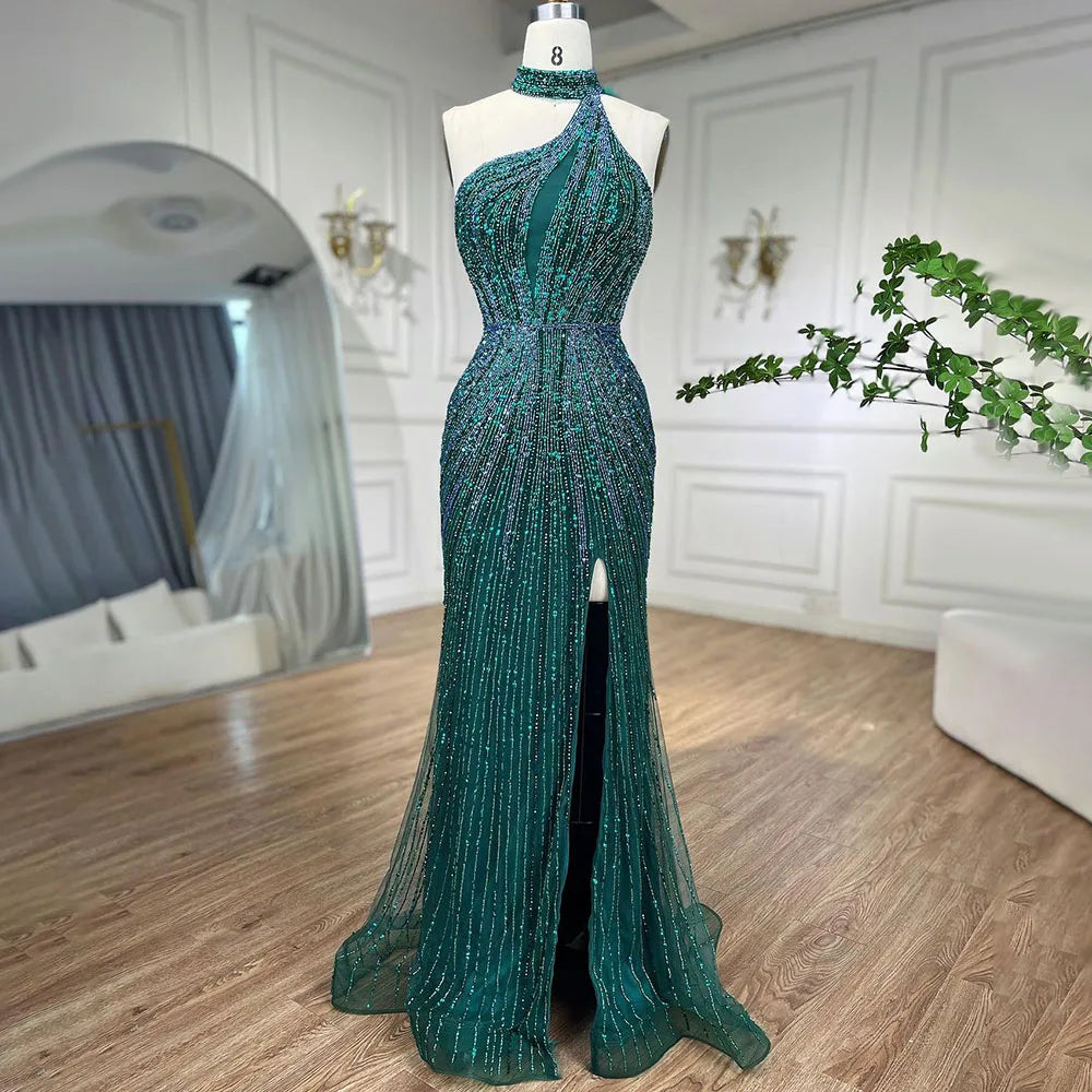Fuchsia Neckholder Ärmelloses Perlenbesetztes Meerjungfrau Abendkleid mit hohem Schlitz LA72092