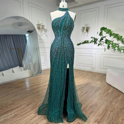 Fuchsia Neckholder Ärmelloses Perlenbesetztes Meerjungfrau Abendkleid mit hohem Schlitz LA72092