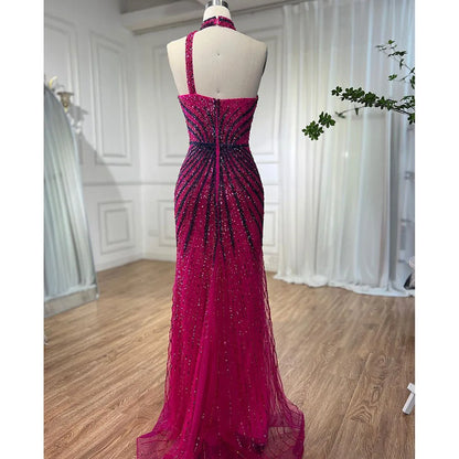 Fuchsia Neckholder Ärmelloses Perlenbesetztes Meerjungfrau Abendkleid mit hohem Schlitz LA72092