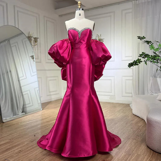 Vestido de noche de sirena fucsia de mikado, satén, sin tirantes, con mangas globo, para mujer, para boda, fiesta, 2025, LA71923 