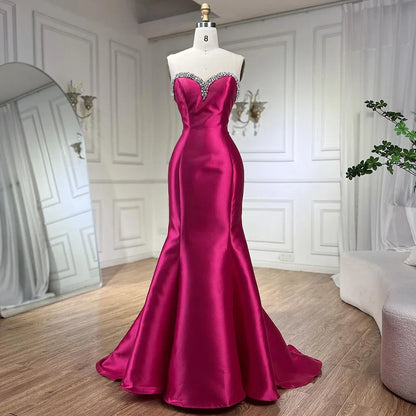 Vestido de noche de sirena fucsia de mikado, satén, sin tirantes, con mangas globo, para mujer, para boda, fiesta, 2025, LA71923 