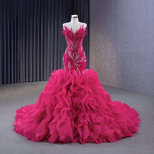 Vestido de novia fucsia sin tirantes, con encaje, perlas y cuentas, de lujo, corte sirena, 2025, alta gama, hecho a medida, HM231040 
