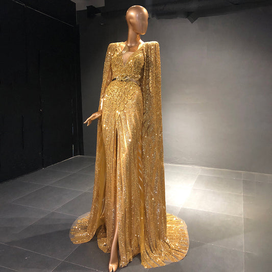 Vestidos de noche dorados de corte A con mangas tipo capa, 2025, con cuentas, elegantes, de lujo, para mujer, fiesta, LA71670 
