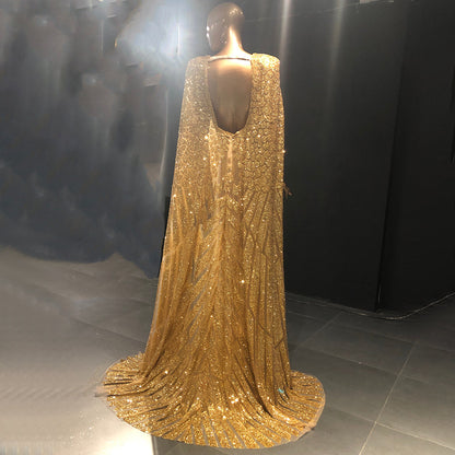 Vestidos de noche dorados de corte A con mangas tipo capa, 2025, con cuentas, elegantes, de lujo, para mujer, fiesta, LA71670 