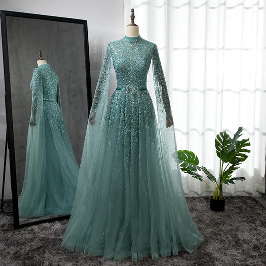Luxuriöses blaues arabisches Abendkleid mit Cape-Ärmeln, Übergröße LA70066B