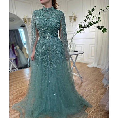 Luxuriöses blaues arabisches Abendkleid mit Cape-Ärmeln, Übergröße LA70066B