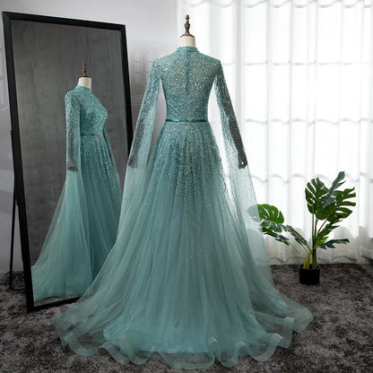 Luxuriöses blaues arabisches Abendkleid mit Cape-Ärmeln, Übergröße LA70066B