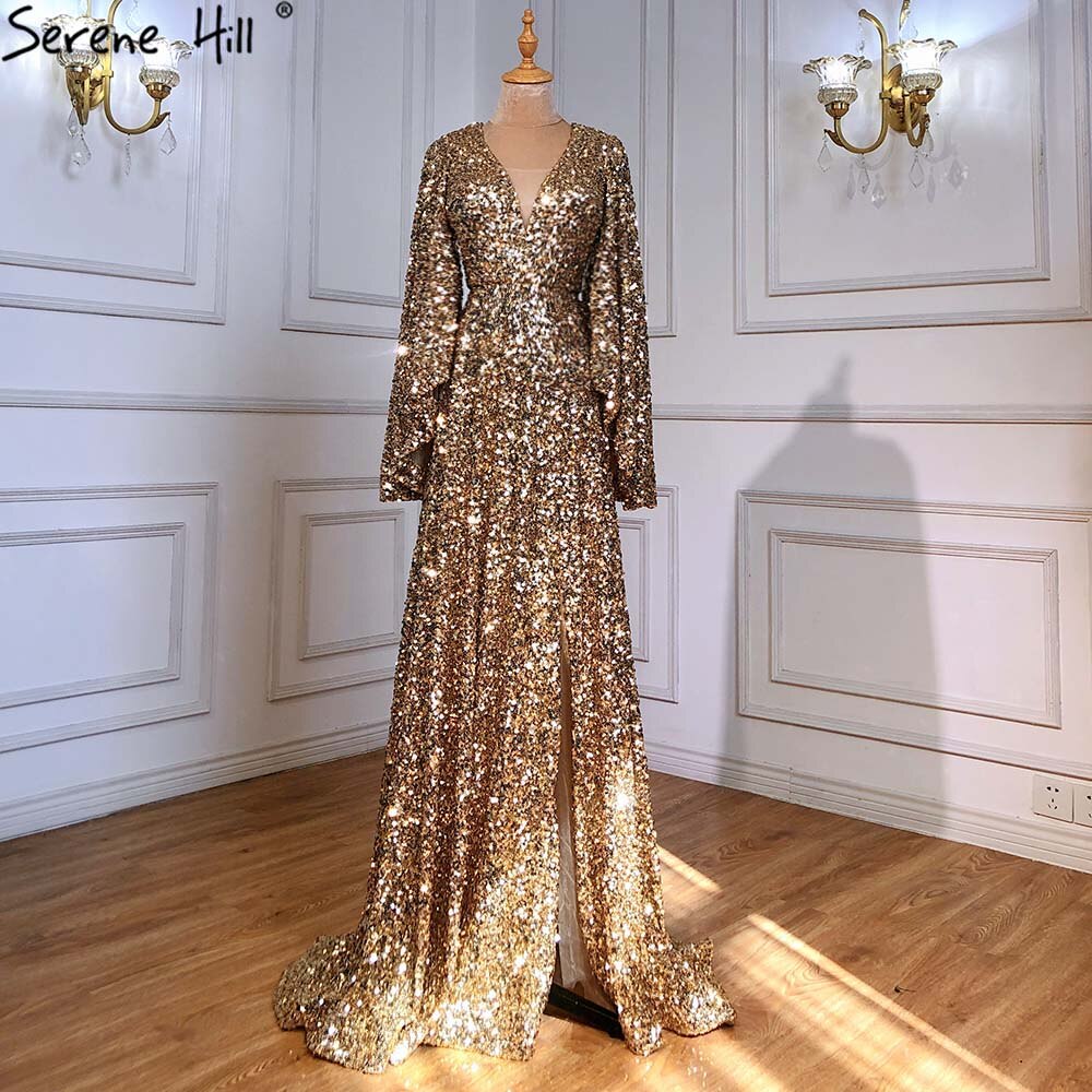 Vestido de noche dorado de corte A con abertura alta, de lujo, con mangas acampanadas, para mujer, para fiesta de bodas, LA71395 