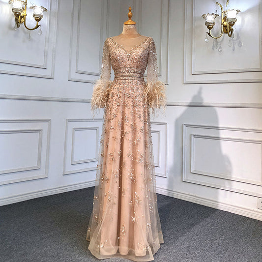 Vestido de noche dorado de corte A con mangas largas y plumas, 2025, para mujer, de lujo, cuello redondo, lentejuelas de cristal, hecho a mano, LA71654 