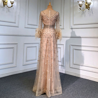 Vestido de noche dorado de corte A con mangas largas y plumas, 2025, para mujer, de lujo, cuello redondo, lentejuelas de cristal, hecho a mano, LA71654 