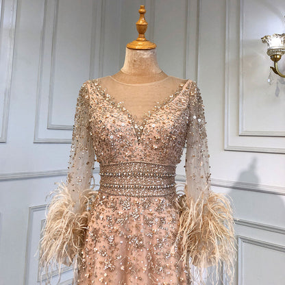Vestido de noche dorado de corte A con mangas largas y plumas, 2025, para mujer, de lujo, cuello redondo, lentejuelas de cristal, hecho a mano, LA71654 