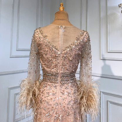 Vestido de noche dorado de corte A con mangas largas y plumas, 2025, para mujer, de lujo, cuello redondo, lentejuelas de cristal, hecho a mano, LA71654 