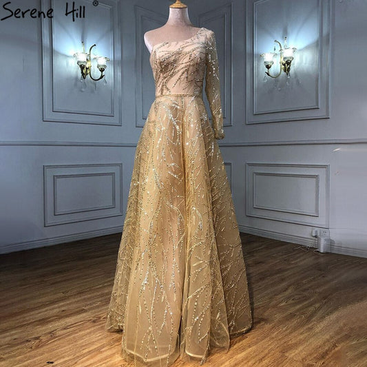 Vestidos de noche de lujo dorados de corte A, 2025, un hombro, con cuentas, sexys para mujer, fiesta LA71223 