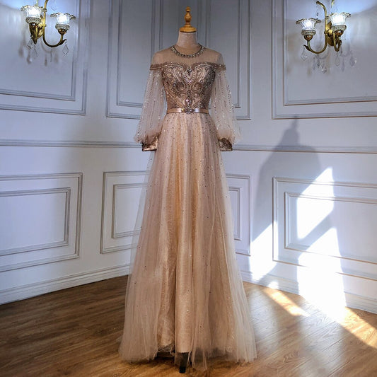 Vestidos de noche de lujo dorados de corte A, con mangas farol y cuentas, para mujer, para fiesta, LA71498