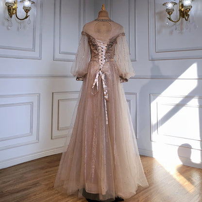 Vestidos de noche de lujo dorados de corte A, con mangas farol y cuentas, para mujer, para fiesta, LA71498