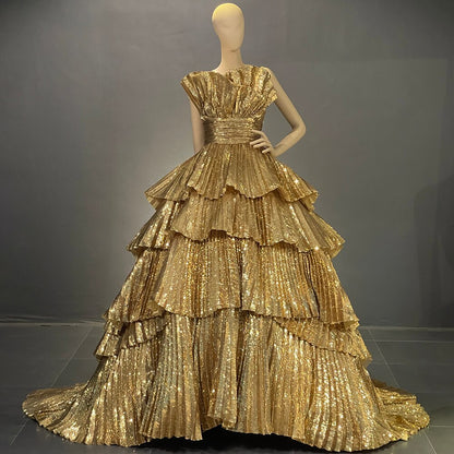 Vestidos de noche dorados de corte A con volantes y cuello festoneado, vestidos de lujo 2025 para mujer, fiesta, alta costura LA71753 