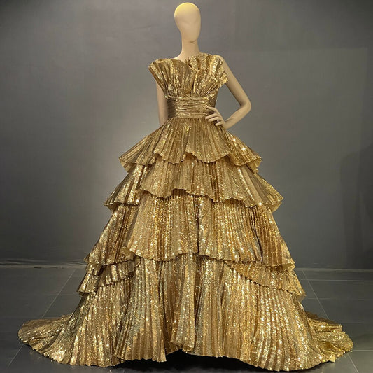 Vestidos de noche dorados de corte A con volantes y cuello festoneado, vestidos de lujo 2025 para mujer, fiesta, alta costura LA71753 