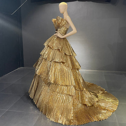 Vestidos de noche dorados de corte A con volantes y cuello festoneado, vestidos de lujo 2025 para mujer, fiesta, alta costura LA71753 