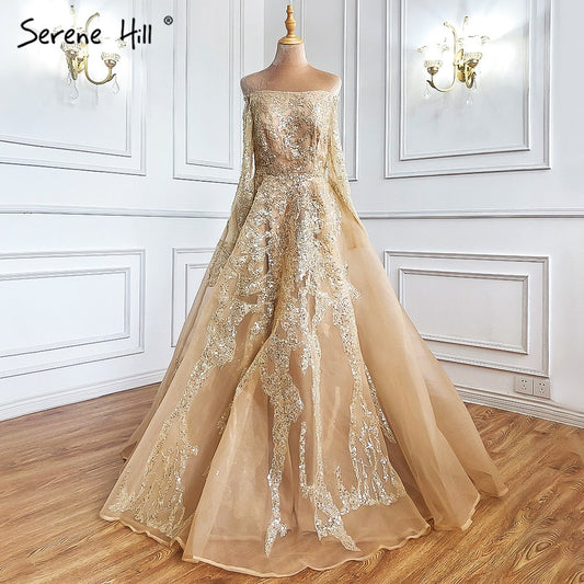 Vestidos de noche sexys de corte A dorados, con cuentas y hombros descubiertos, para mujer, para fiesta de boda LA71305 