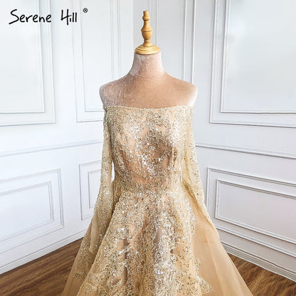 Vestidos de noche sexys de corte A dorados, con cuentas y hombros descubiertos, para mujer, para fiesta de boda LA71305 