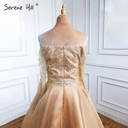 Vestidos de noche sexys de corte A dorados, con cuentas y hombros descubiertos, para mujer, para fiesta de boda LA71305 