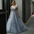 Gold Beaded A-Line Evening Gowns 2025 Off Shoulder Luxury Sexy Dresses Long For Women Party LA71411A