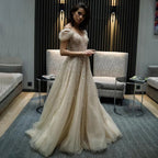 Gold Beaded A-Line Evening Gowns 2025 Off Shoulder Luxury Sexy Dresses Long For Women Party LA71411A