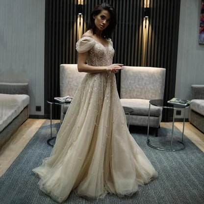 Vestidos de noche largos de lujo con escote en A y cuentas doradas, hombros descubiertos, sexys, para mujer, para fiesta, LA71411A 