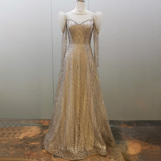 Vestidos de noche musulmanes con cuentas doradas, vestidos de lujo 2025, corte A, mangas abullonadas para mujer, fiesta LA71657 
