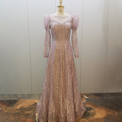 Vestidos de noche musulmanes con cuentas doradas, vestidos de lujo 2025, corte A, mangas abullonadas para mujer, fiesta LA71657 