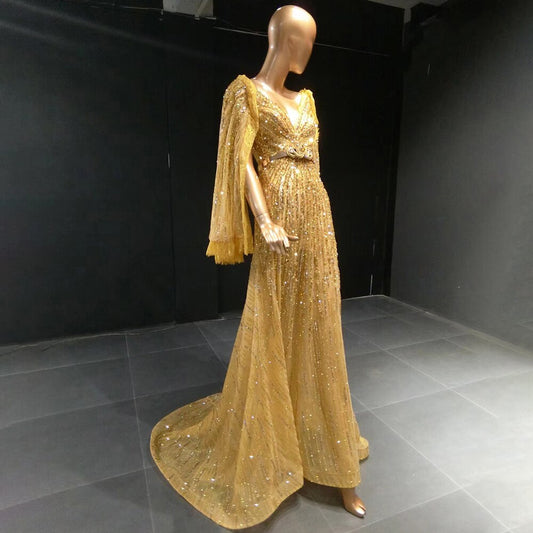 Vestidos de noche con mangas largas doradas, corte A, con cuentas, elegantes, de lujo, para mujer, fiesta, LA71504 