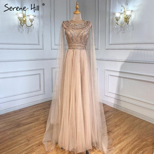 Vestidos de noche de corte A con mangas largas doradas, de lujo, con cuentas, para mujer, fiesta, LA71315 