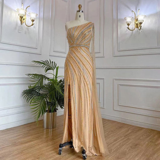 Vestido de noche elegante dorado con escote sirena, sexy, de un solo hombro, manga larga, abertura alta, de lujo, con cuentas, LA71902 