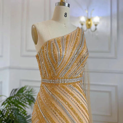 Vestido de noche elegante dorado con escote sirena, sexy, de un solo hombro, manga larga, abertura alta, de lujo, con cuentas, LA71902 