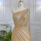 Gold Elegante Meerjungfrau Sexy Eine Schulter Cape Sleeve High Split Luxus Perlen Abendkleider Kleider 2025 LA71902 