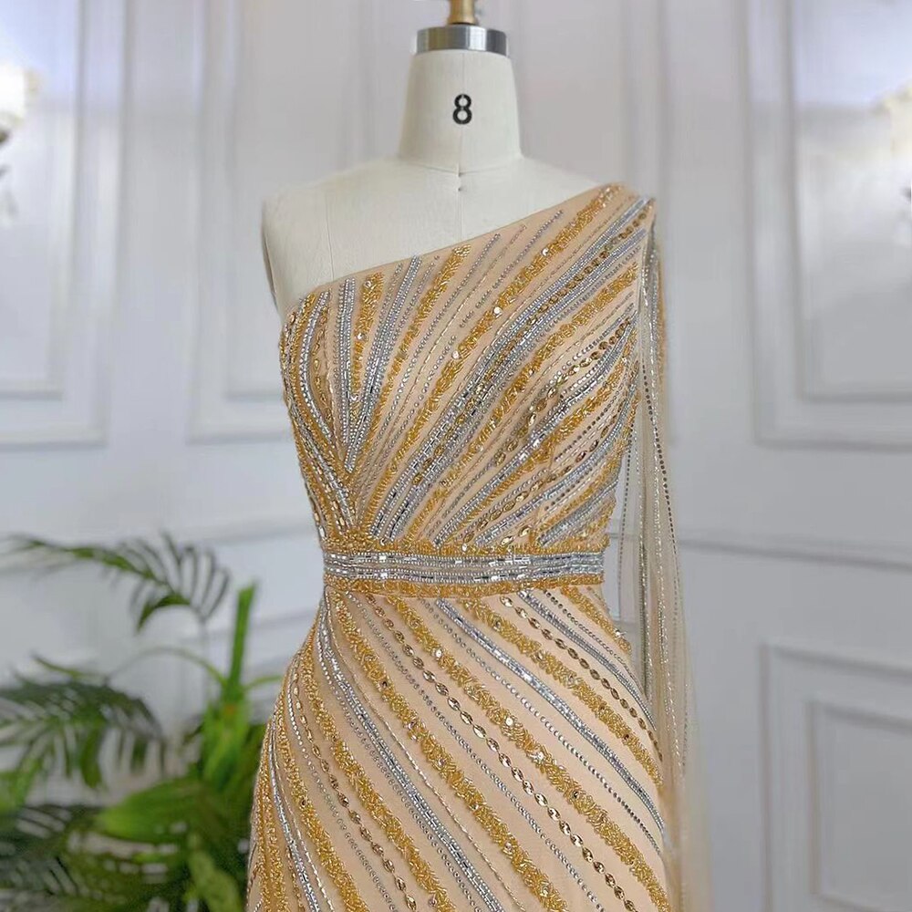 Gold Elegante Meerjungfrau Sexy Eine Schulter Cape Sleeve High Split Luxus Perlen Abendkleider Kleider 2025 LA71902 