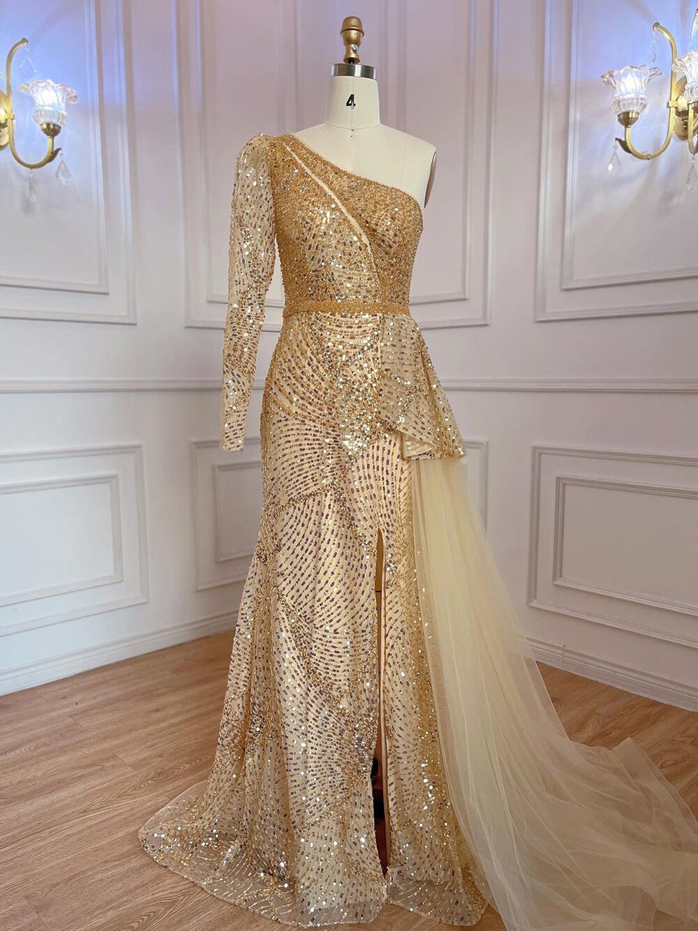 Gold Elegant Mermaid Sexy One Shoulder High Split Beaded Luxury Evening Dresses Gowns For Women Party 2025 LA71890