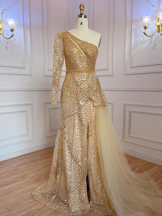 Vestido de noche elegante de sirena dorado, sexy, con un hombro al descubierto y abertura alta, con cuentas, de lujo, para mujer, fiesta 2025 LA71890 
