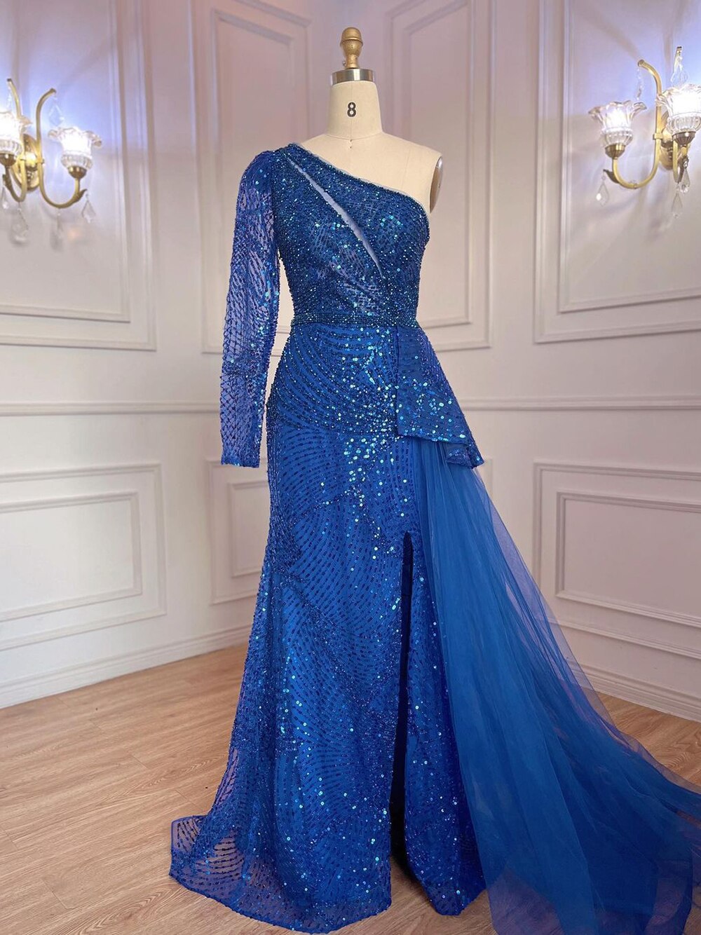 Gold Elegant Mermaid Sexy One Shoulder High Split Beaded Luxury Evening Dresses Gowns For Women Party 2025 LA71890