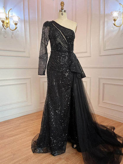 Vestido de noche elegante de sirena dorado, sexy, con un hombro al descubierto y abertura alta, con cuentas, de lujo, para mujer, fiesta 2025 LA71890 