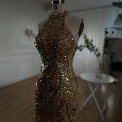 Vestido de noche de sirena con cuello halter dorado y brillantes, 2025, con lentejuelas y cuentas, sin mangas, para mujer, para fiesta de boda LA6461 