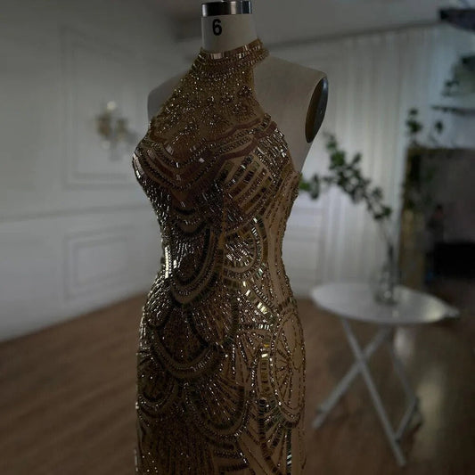 Vestido de noche de sirena con cuello halter dorado y brillantes, 2025, con lentejuelas y cuentas, sin mangas, para mujer, para fiesta de boda LA6461 