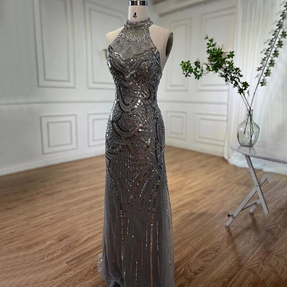 Vestido de noche de sirena con cuello halter dorado y brillantes, 2025, con lentejuelas y cuentas, sin mangas, para mujer, para fiesta de boda LA6461 