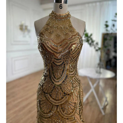 Vestido de noche de sirena con cuello halter dorado y brillantes, 2025, con lentejuelas y cuentas, sin mangas, para mujer, para fiesta de boda LA6461 