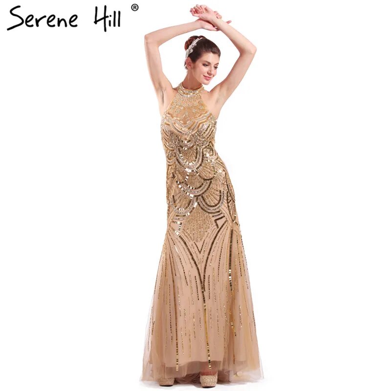 Vestido de noche de sirena con cuello halter dorado y brillantes, 2025, con lentejuelas y cuentas, sin mangas, para mujer, para fiesta de boda LA6461 