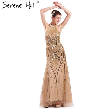 Vestido de noche de sirena con cuello halter dorado y brillantes, 2025, con lentejuelas y cuentas, sin mangas, para mujer, para fiesta de boda LA6461 
